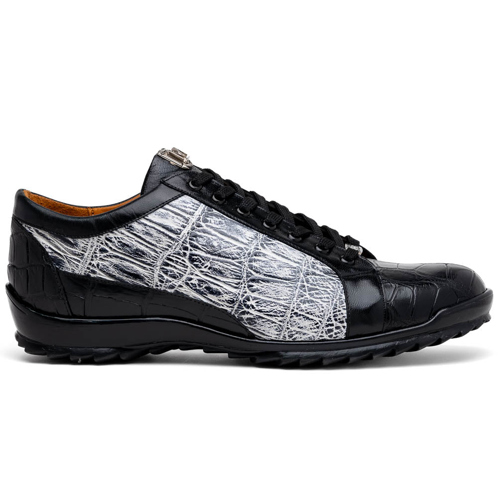 The Marco Di Milano Cairo Black/White sneakers feature a black and white low-top design, crocodile texture details, black laces, and thick black rubber soles—ideal for those seeking luxury footwear with a unique edge.