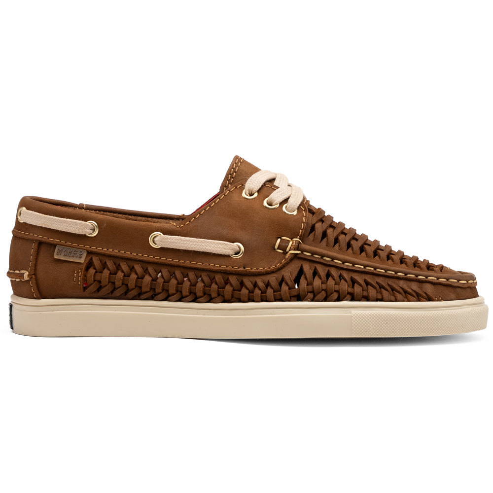 Castell Bronze boat shoe by Marco Di Milano in brown premium calf leather with a woven side panel, cream-colored laces, and a matching sole.