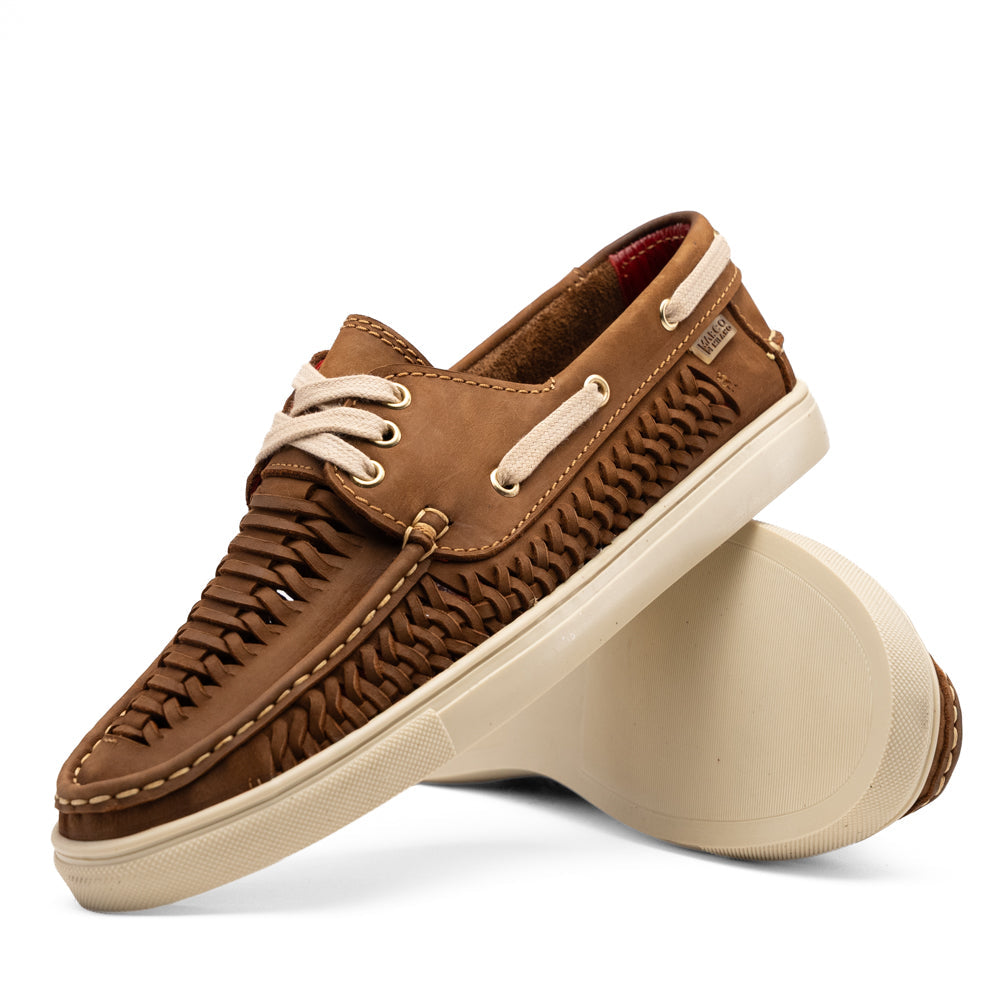 Castell Bronze boat shoe by Marco Di Milano in brown premium calf leather with a woven side panel, cream-colored laces, and a matching sole.