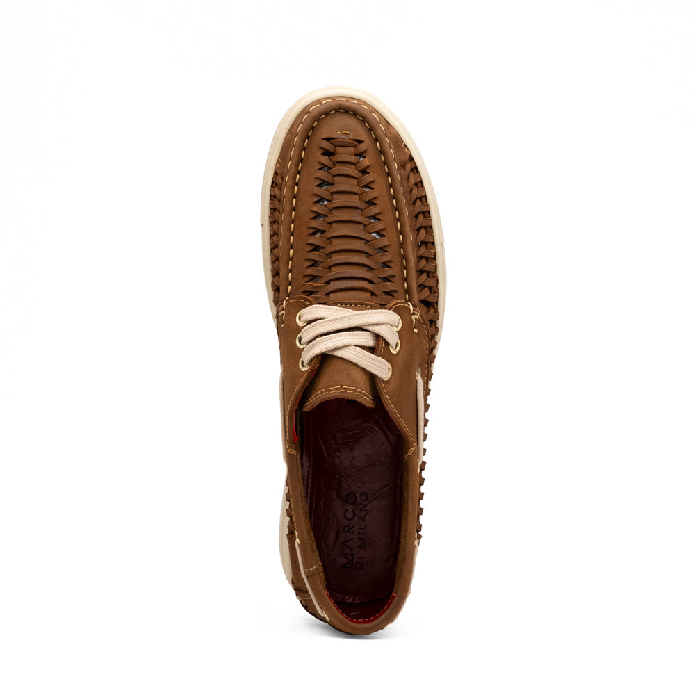 Castell Bronze boat shoe by Marco Di Milano in brown premium calf leather with a woven side panel, cream-colored laces, and a matching sole.
