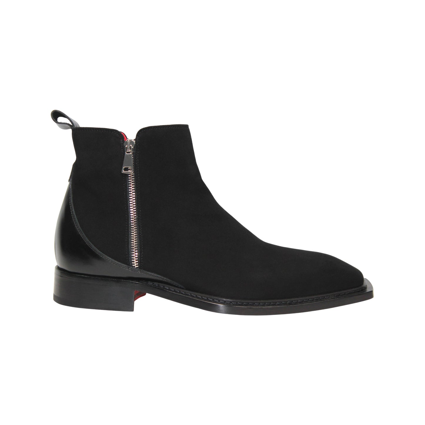 The Emilio Franco Cesare Black is a handcrafted Italian men's ankle boot in black suede, featuring a side zipper, leather heel detail, black sole, and back pull tab—luxurious footwear by Emilio Franco.