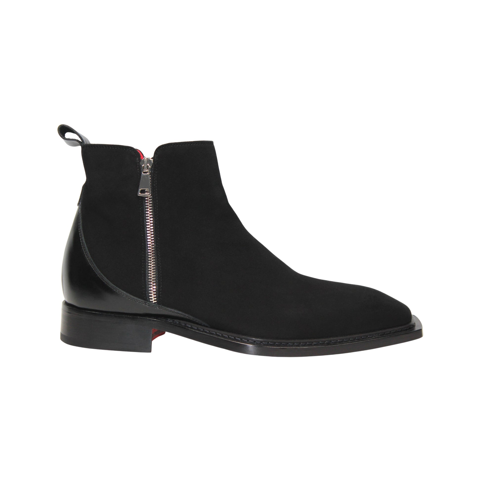 The Emilio Franco Cesare Black is a handcrafted Italian men's ankle boot in black suede, featuring a side zipper, leather heel detail, black sole, and back pull tab—luxurious footwear by Emilio Franco.