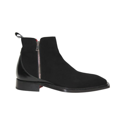The Emilio Franco Cesare Black is a handcrafted Italian men's ankle boot in black suede, featuring a side zipper, leather heel detail, black sole, and back pull tab—luxurious footwear by Emilio Franco.