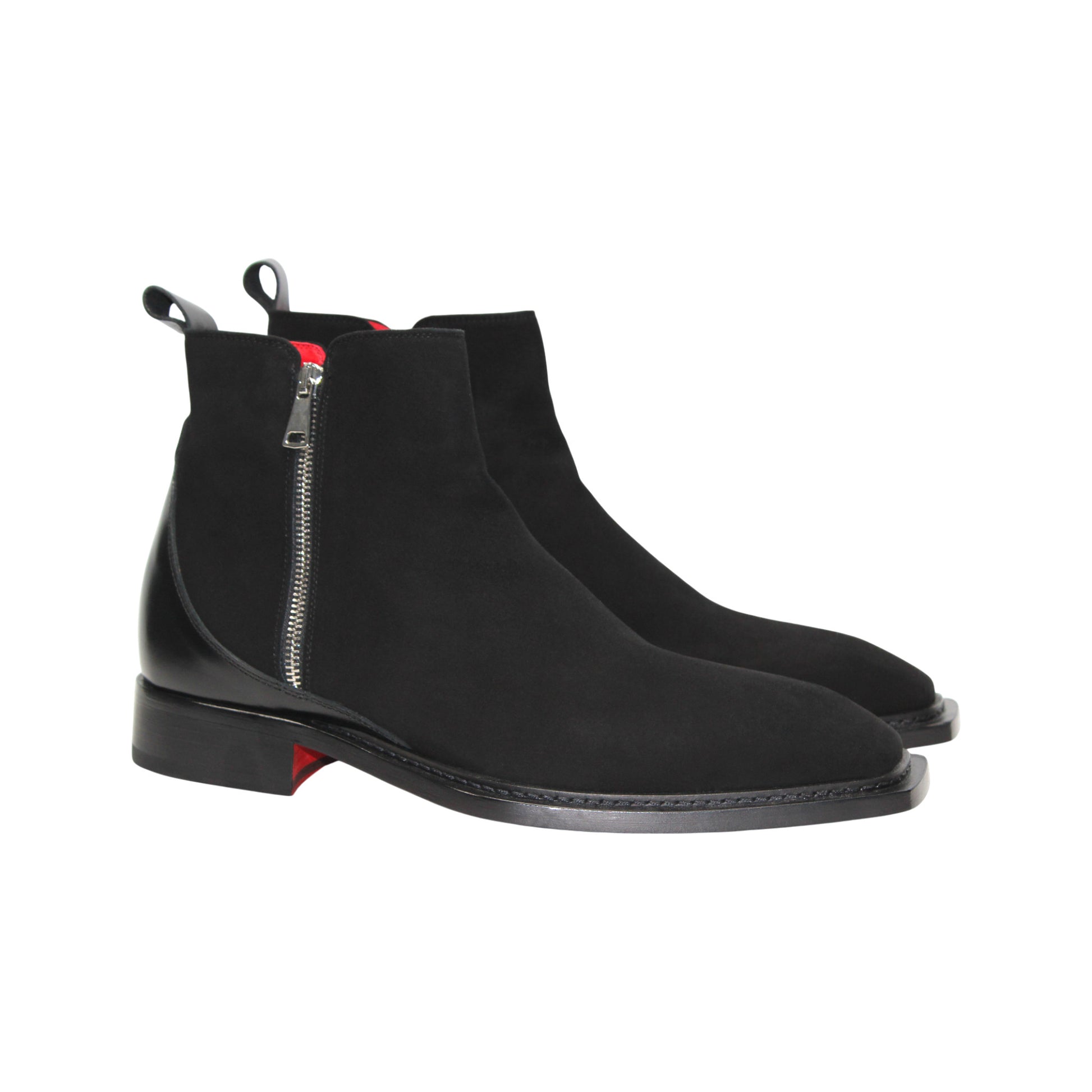 The Emilio Franco Cesare Black is a handcrafted Italian men's ankle boot in black suede, featuring a side zipper, leather heel detail, black sole, and back pull tab—luxurious footwear by Emilio Franco.