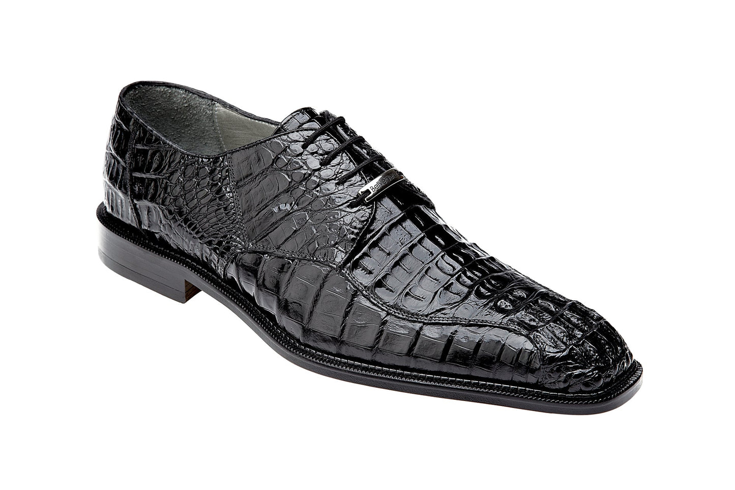 The Belvedere Chapo 1465 is a genuine hornback caiman leather men's dress shoe in black, featuring laces, a low heel, and textured pattern—shown in side profile for an elegant look.