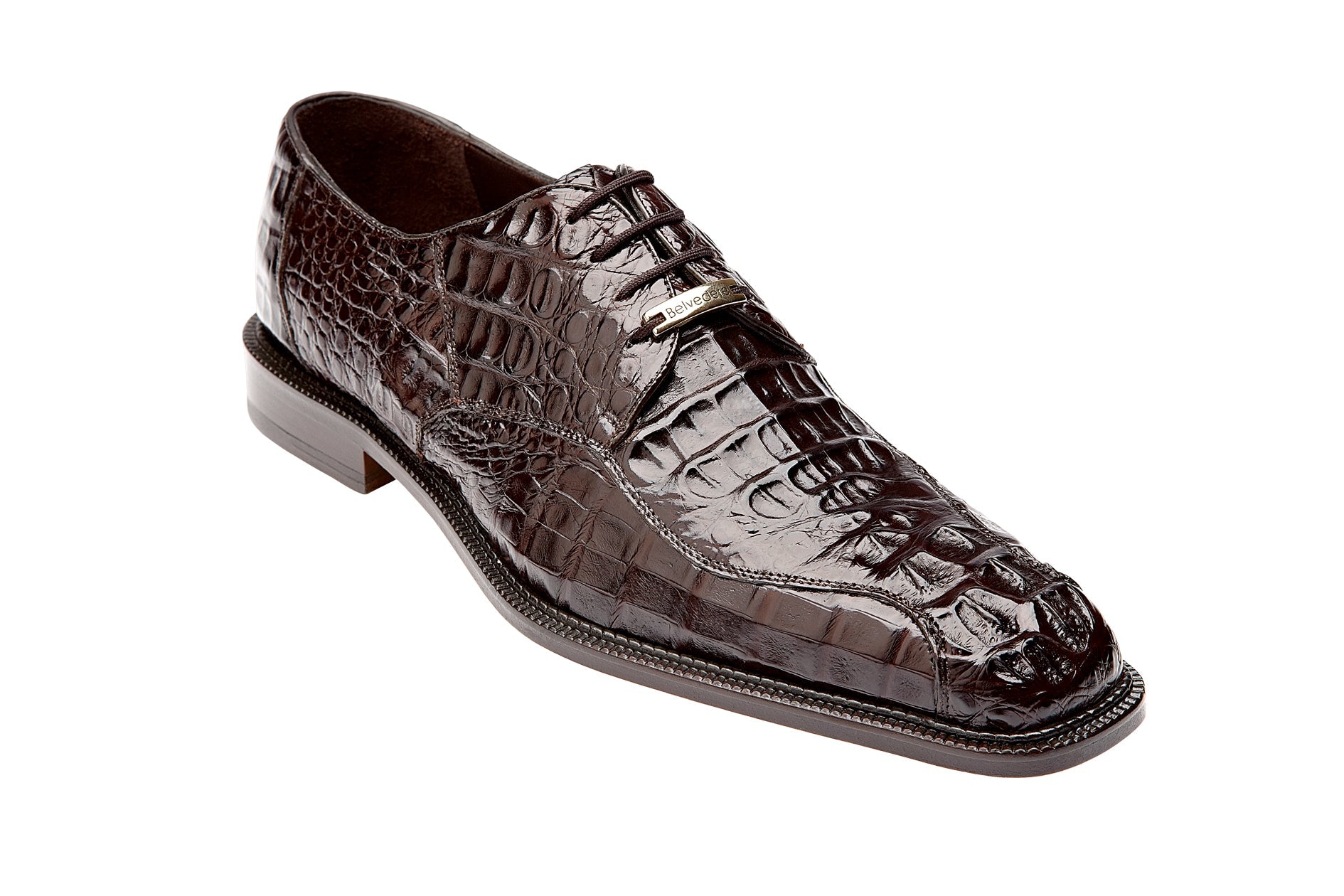 The BELVEDERE Chapo 1465 is a genuine brown Hornback Caiman dress shoe with a low black heel, cushioned insole, and lace-up closure, shown in profile against a white background.