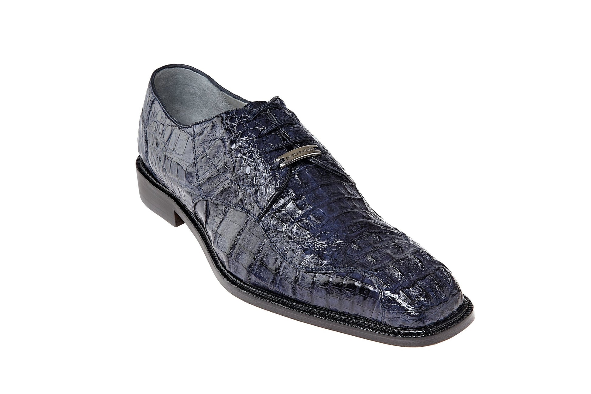 The BELVEDERE Chapo, Genuine Hornback Caiman Dress Shoe in Navy (1465), for men, features a slight heel and lace-up closure, displayed in a side profile view.