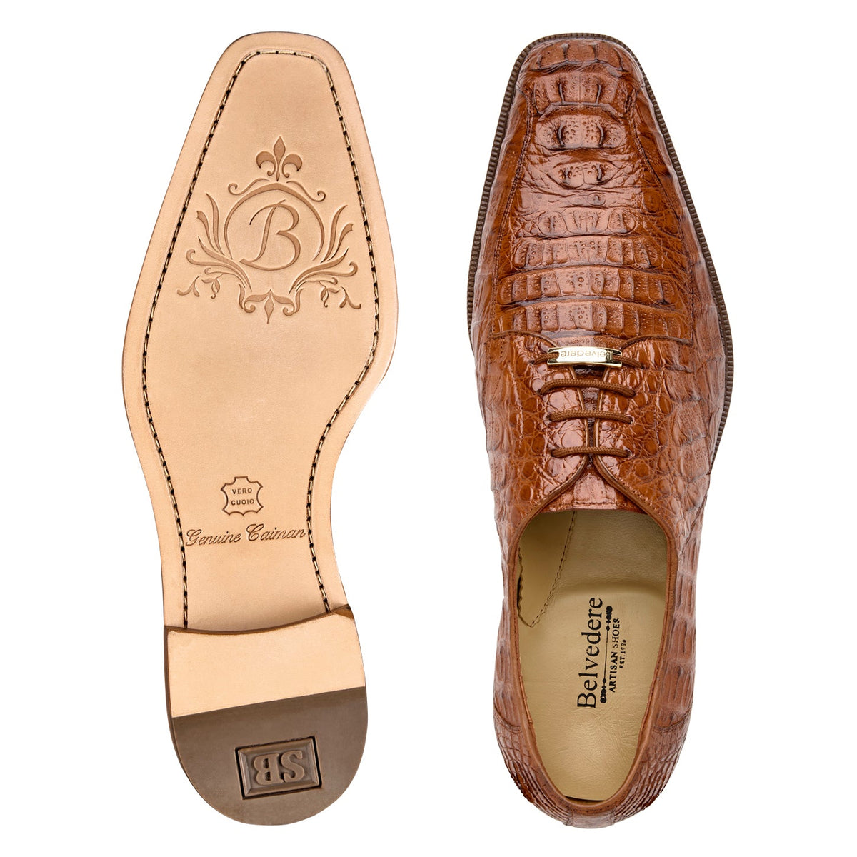 Belvedere - Chapo, Genuine Hornback Caiman Dress Shoe - Ant. Sport - 1465 in tan, featuring a lace-up design, leather sole, and cushion insole.
