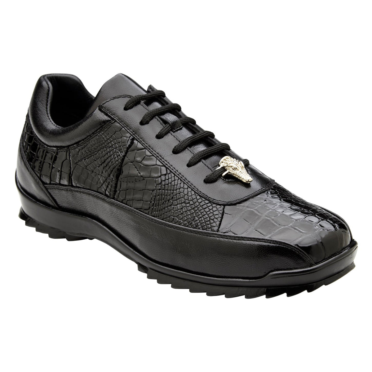 Belvedere - Coda, Genuine American Alligator Sneaker - Black - Y43, a premium black calf leather sneaker with textured crocodile-pattern panels, black laces, and a metallic animal-head ornament.