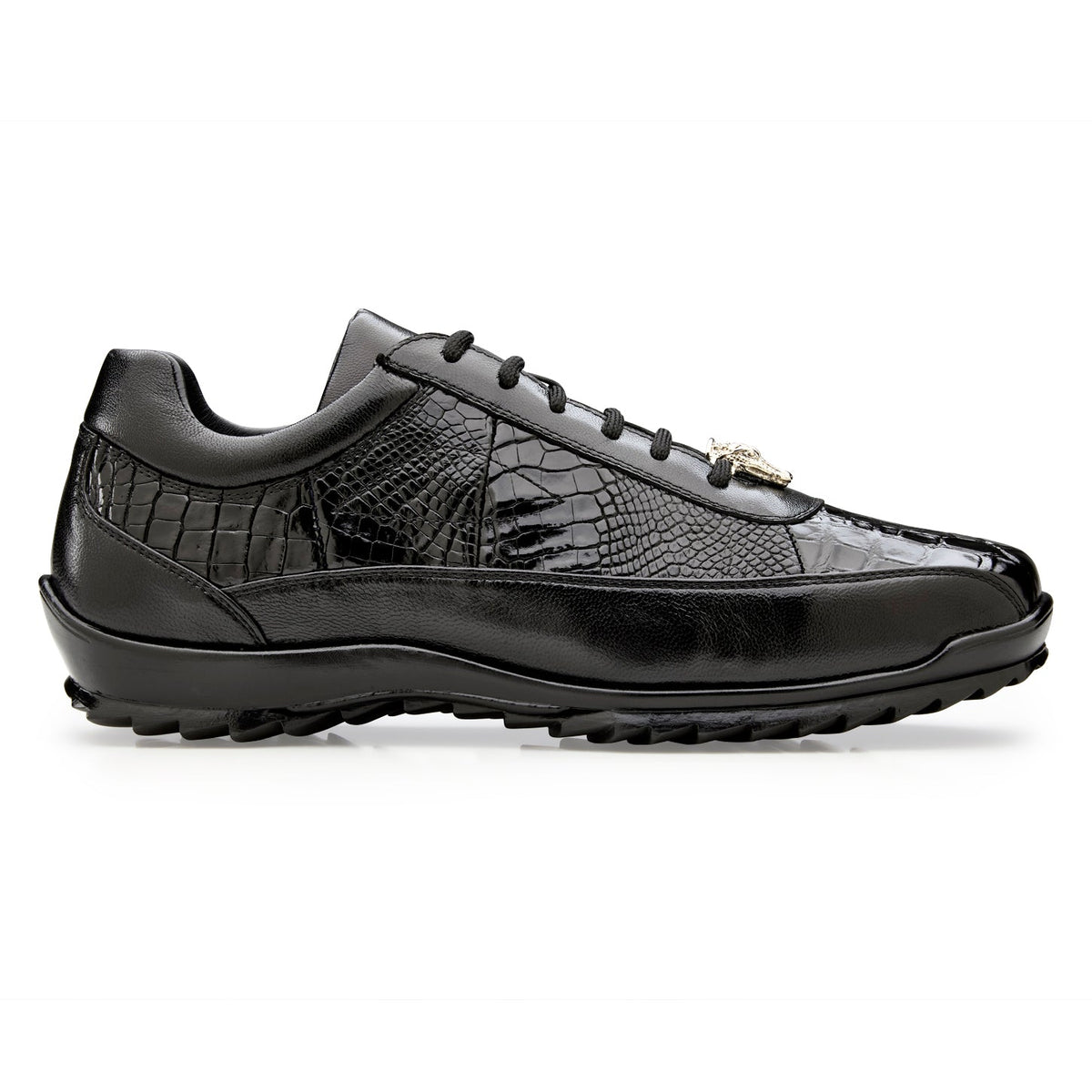 Belvedere - Coda, Genuine American Alligator Sneaker - Black - Y43, a premium black calf leather sneaker with textured crocodile-pattern panels, black laces, and a metallic animal-head ornament.
