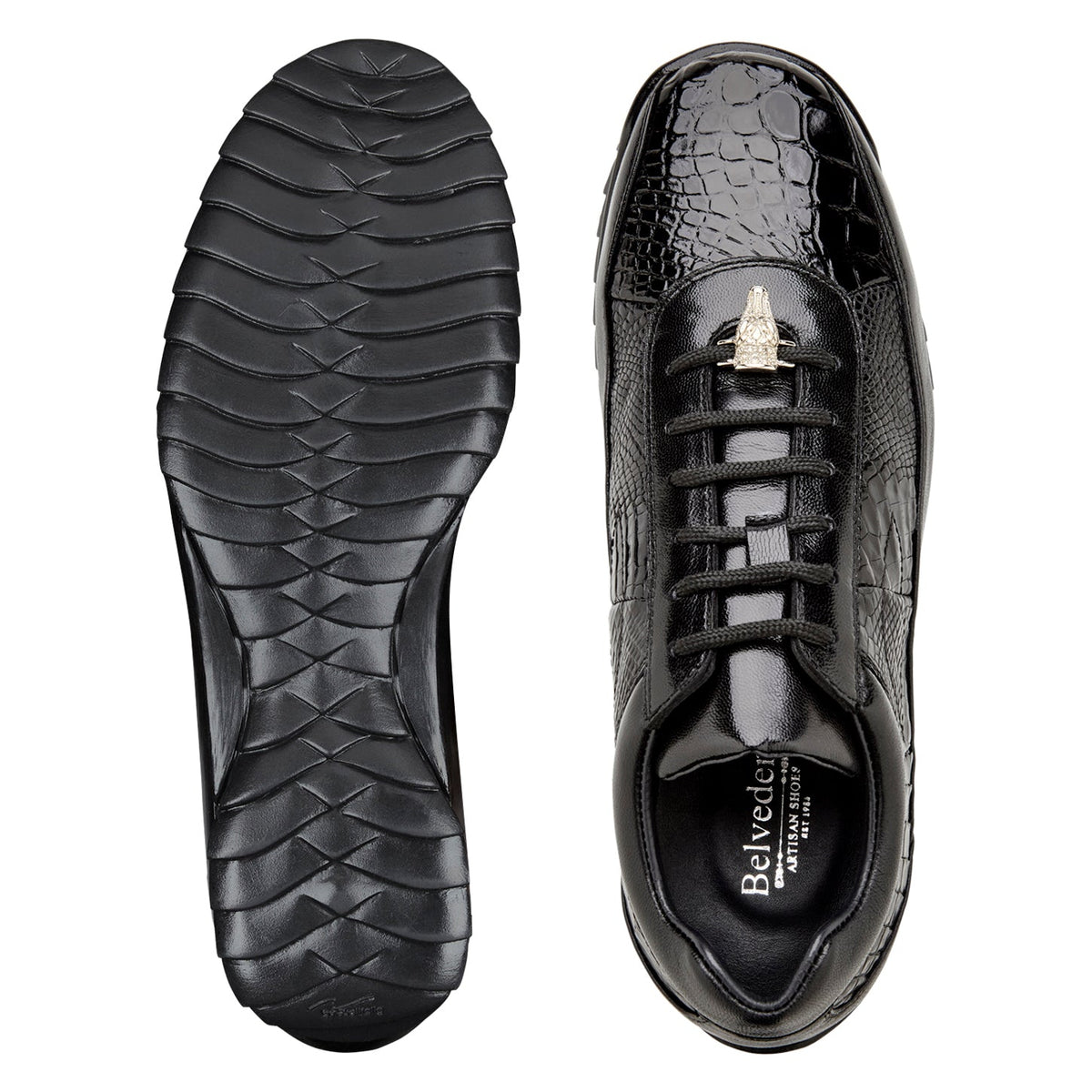 Belvedere - Coda, Genuine American Alligator Sneaker - Black - Y43, a premium black calf leather sneaker with textured crocodile-pattern panels, black laces, and a metallic animal-head ornament.