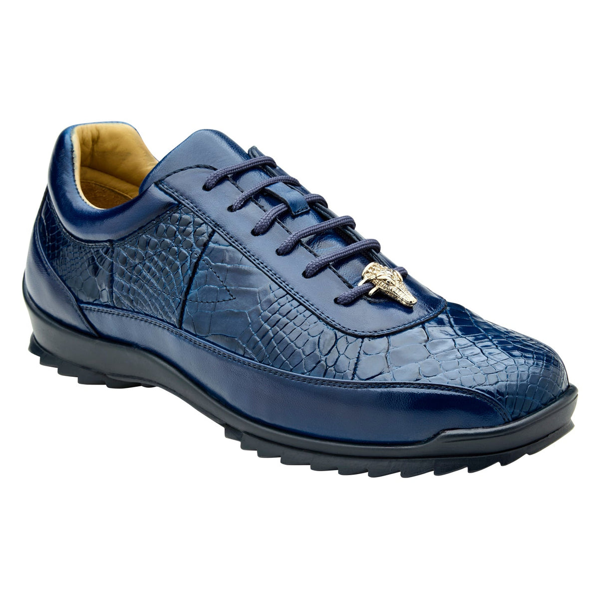 Belvedere - Coda, Genuine American Alligator Sneaker - Indigo Blue - Y43 in indigo blue genuine alligator with matching laces and a black lugged sole.