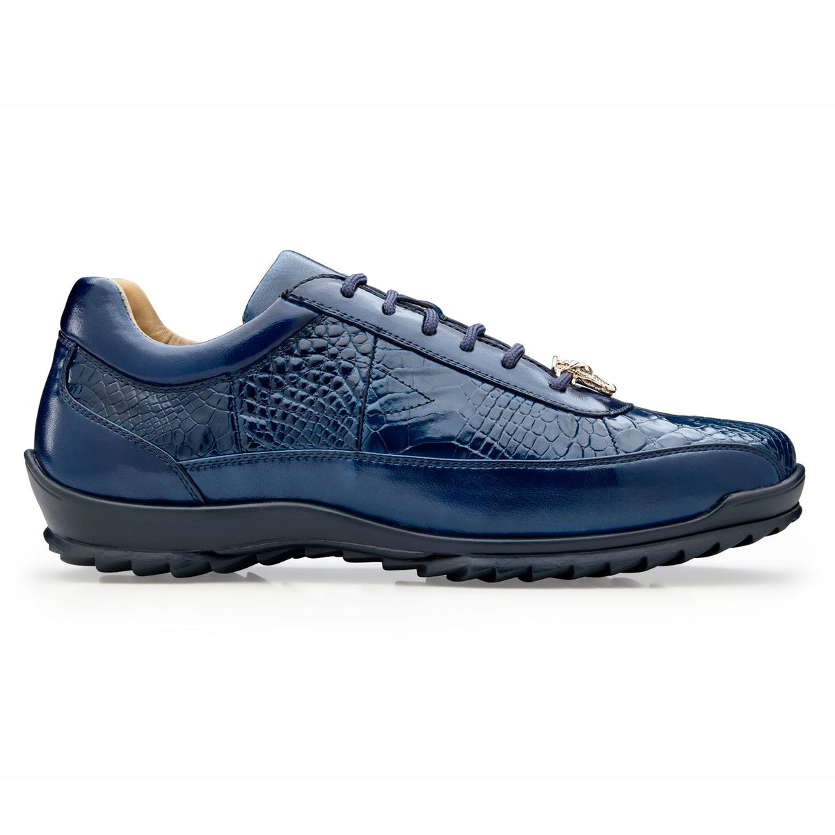 Belvedere - Coda, Genuine American Alligator Sneaker - Indigo Blue - Y43 in indigo blue genuine alligator with matching laces and a black lugged sole.