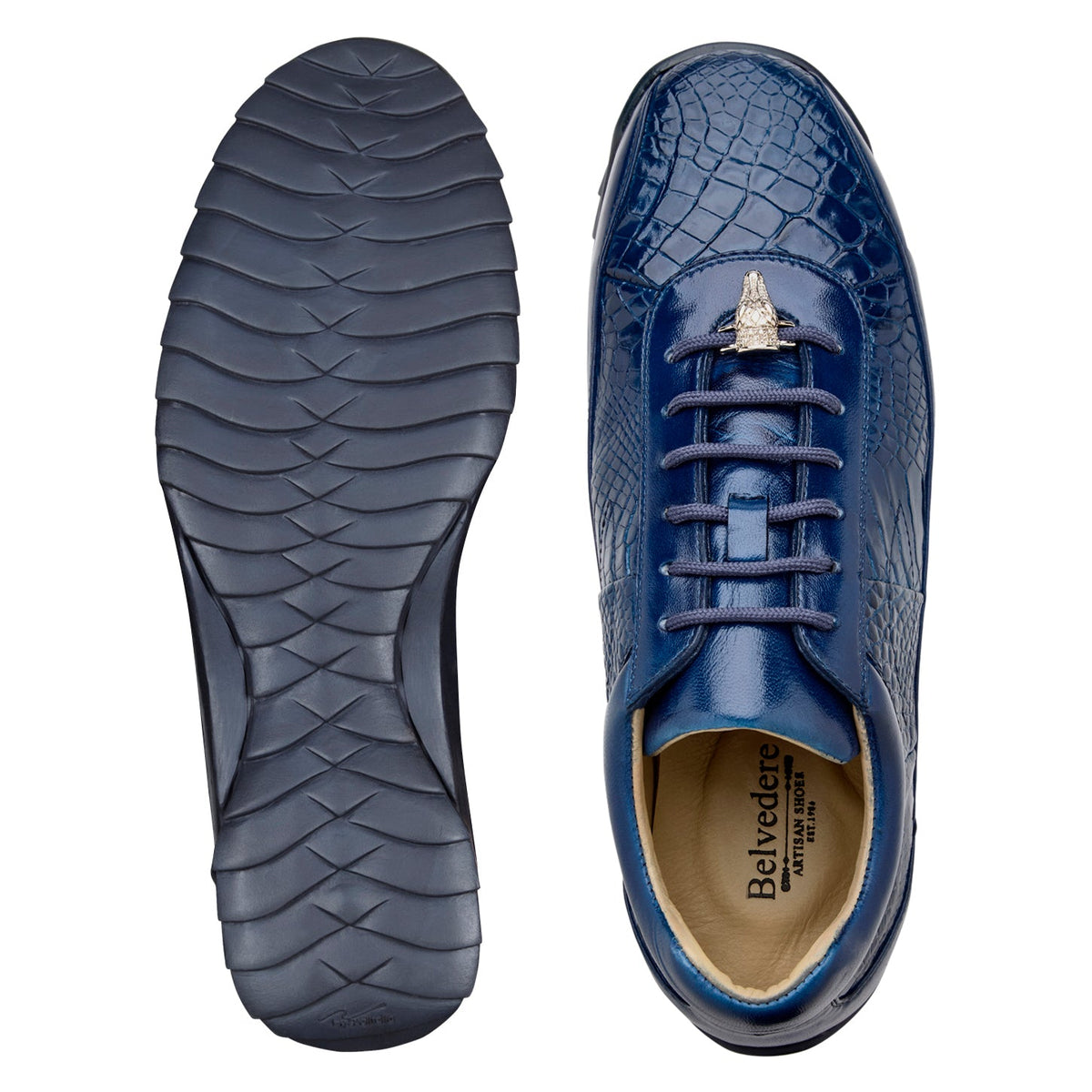 Belvedere - Coda, Genuine American Alligator Sneaker - Indigo Blue - Y43 in indigo blue genuine alligator with matching laces and a black lugged sole.