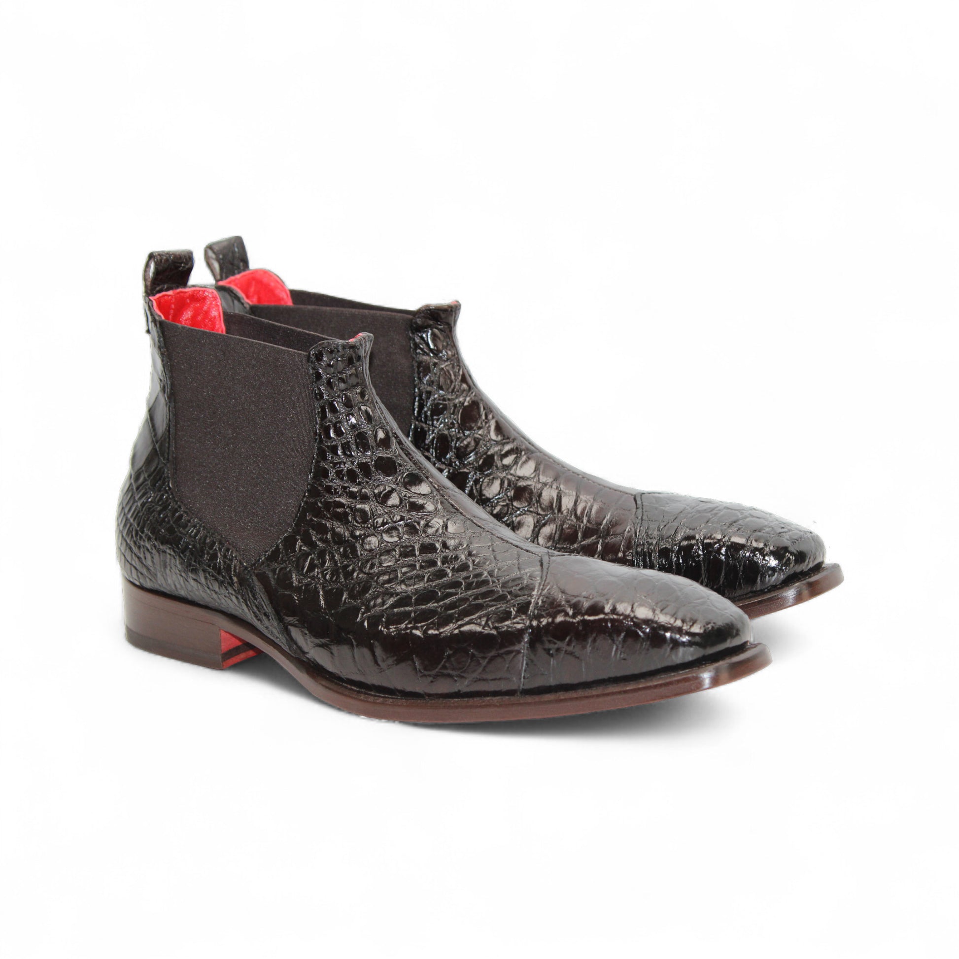 The Fennix Cole Brown by Fennix of Italy is a brown luxury shoe with a crocodile-pattern finish, Italian craftsmanship, elastic side panels, low heel, and pull tab, shown on a white background.