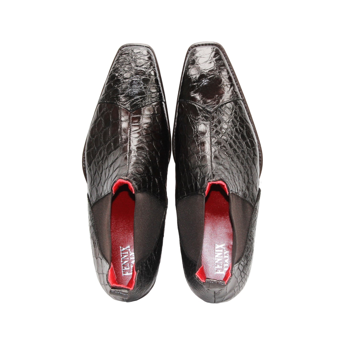 The Fennix Cole Brown by Fennix of Italy is a brown luxury shoe with a crocodile-pattern finish, Italian craftsmanship, elastic side panels, low heel, and pull tab, shown on a white background.