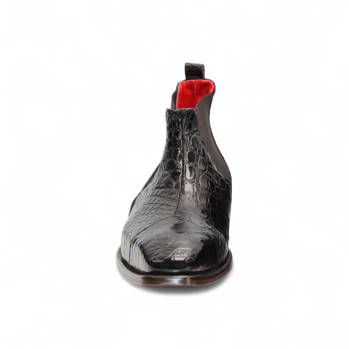 The Fennix Cole Brown by Fennix of Italy is a brown luxury shoe with a crocodile-pattern finish, Italian craftsmanship, elastic side panels, low heel, and pull tab, shown on a white background.