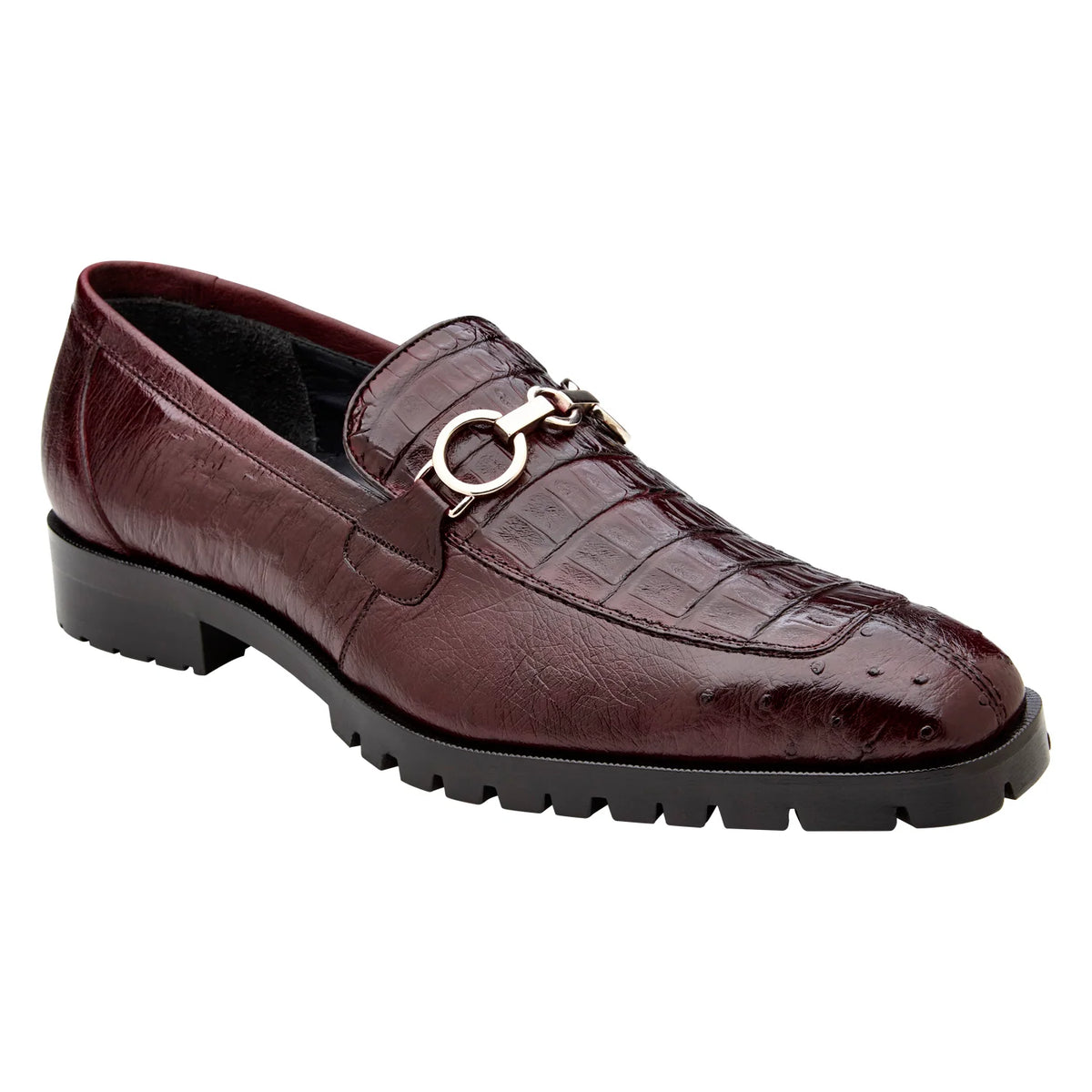 Burgundy textured Belvedere - Corso, Genuine Caiman And Ostrich Quill Dress Shoe - Burgundy - R101 loafer with a metal bit ornament and a thick, lugged rubber sole.