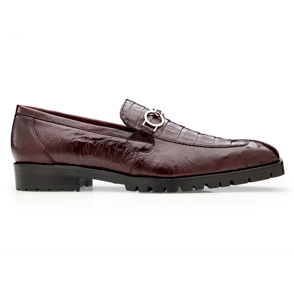 Burgundy textured Belvedere - Corso, Genuine Caiman And Ostrich Quill Dress Shoe - Burgundy - R101 loafer with a metal bit ornament and a thick, lugged rubber sole.