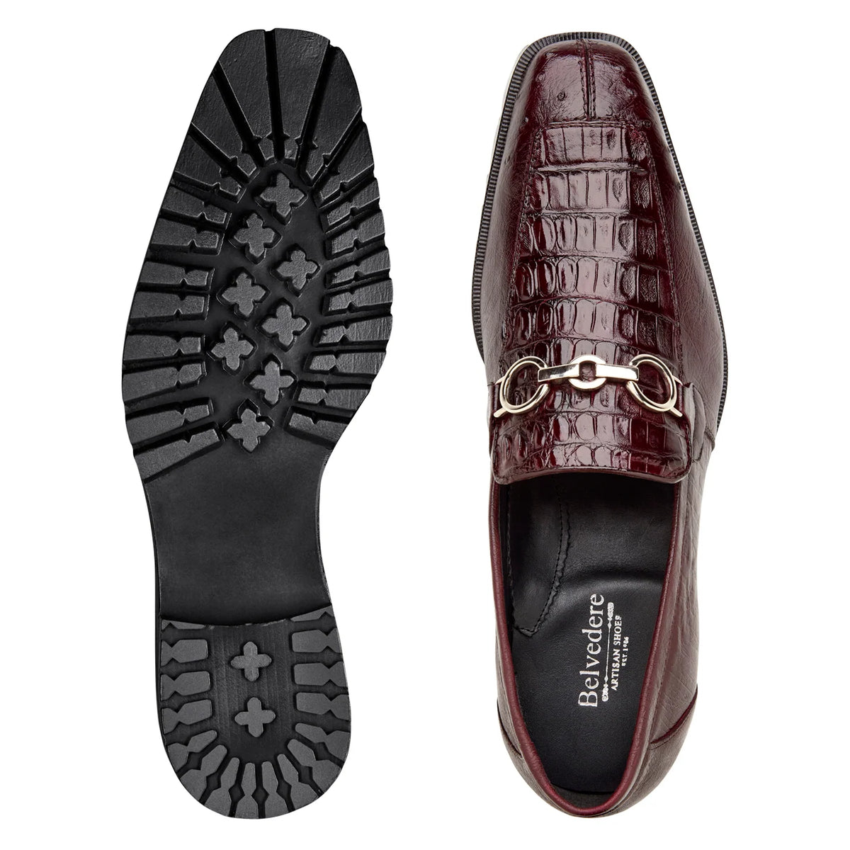 Burgundy textured Belvedere - Corso, Genuine Caiman And Ostrich Quill Dress Shoe - Burgundy - R101 loafer with a metal bit ornament and a thick, lugged rubber sole.
