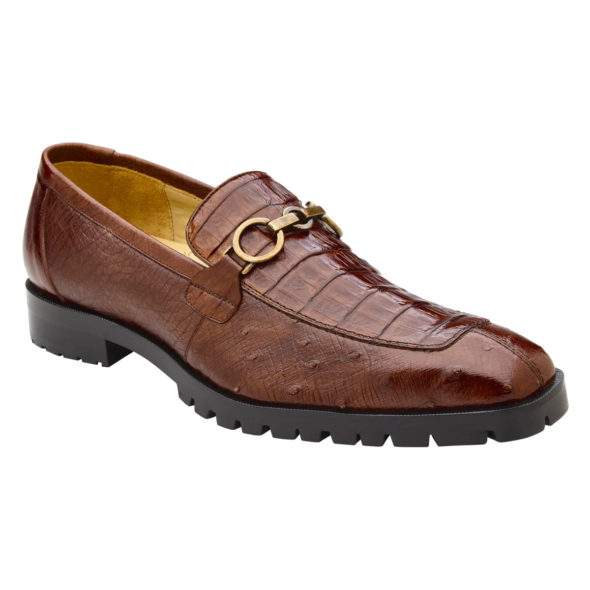 Belvedere - Corso, Genuine Caiman And Ostrich Quill Dress Shoe in walnut, featuring brown textured Caiman leather, a gold-tone horsebit detail, and a thick, black lugged rubber sole.
