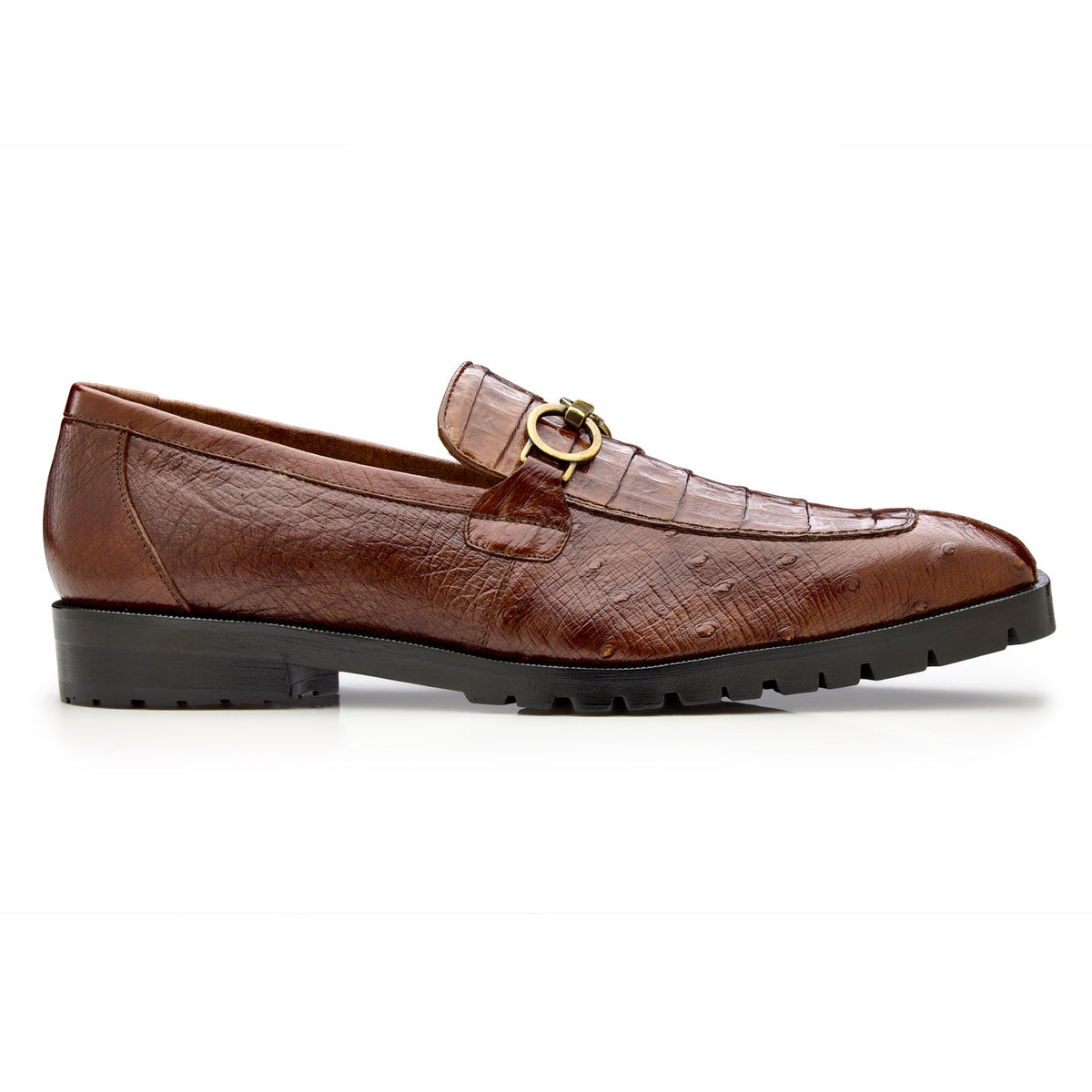 Belvedere - Corso, Genuine Caiman And Ostrich Quill Dress Shoe in walnut, featuring brown textured Caiman leather, a gold-tone horsebit detail, and a thick, black lugged rubber sole.