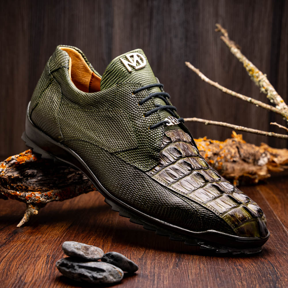 The Marco Di Milano Crater Rustic Olive sneakers boast green textured leather with a crocodile pattern, black soles and laces, hand-painted finishes, and metallic "ND" logos—ideal for true luxury footwear enthusiasts.