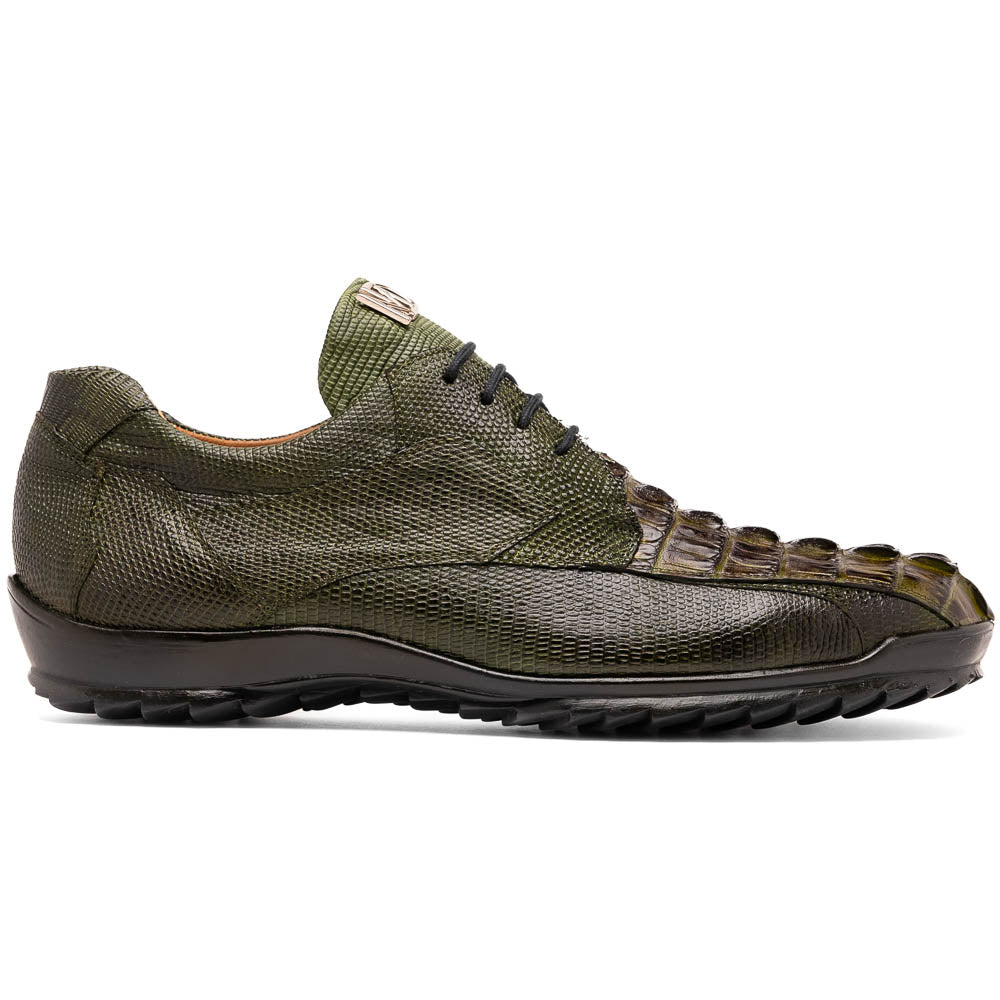 The Marco Di Milano Crater Rustic Olive sneakers boast green textured leather with a crocodile pattern, black soles and laces, hand-painted finishes, and metallic "ND" logos—ideal for true luxury footwear enthusiasts.
