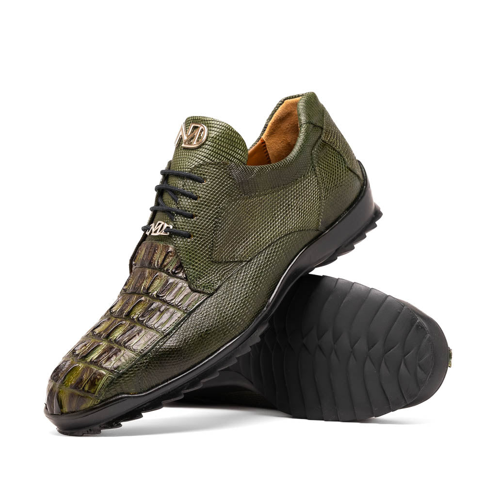 The Marco Di Milano Crater Rustic Olive sneakers boast green textured leather with a crocodile pattern, black soles and laces, hand-painted finishes, and metallic "ND" logos—ideal for true luxury footwear enthusiasts.