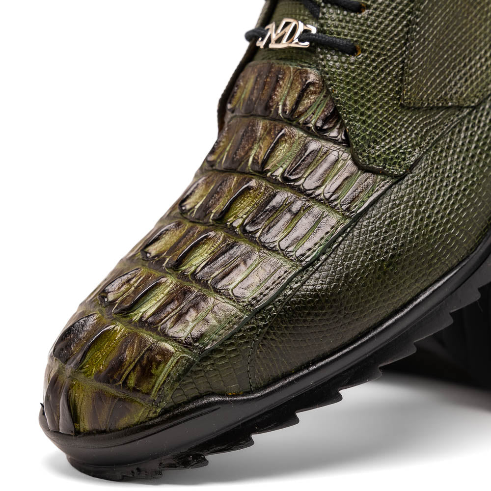 The Marco Di Milano Crater Rustic Olive sneakers boast green textured leather with a crocodile pattern, black soles and laces, hand-painted finishes, and metallic "ND" logos—ideal for true luxury footwear enthusiasts.