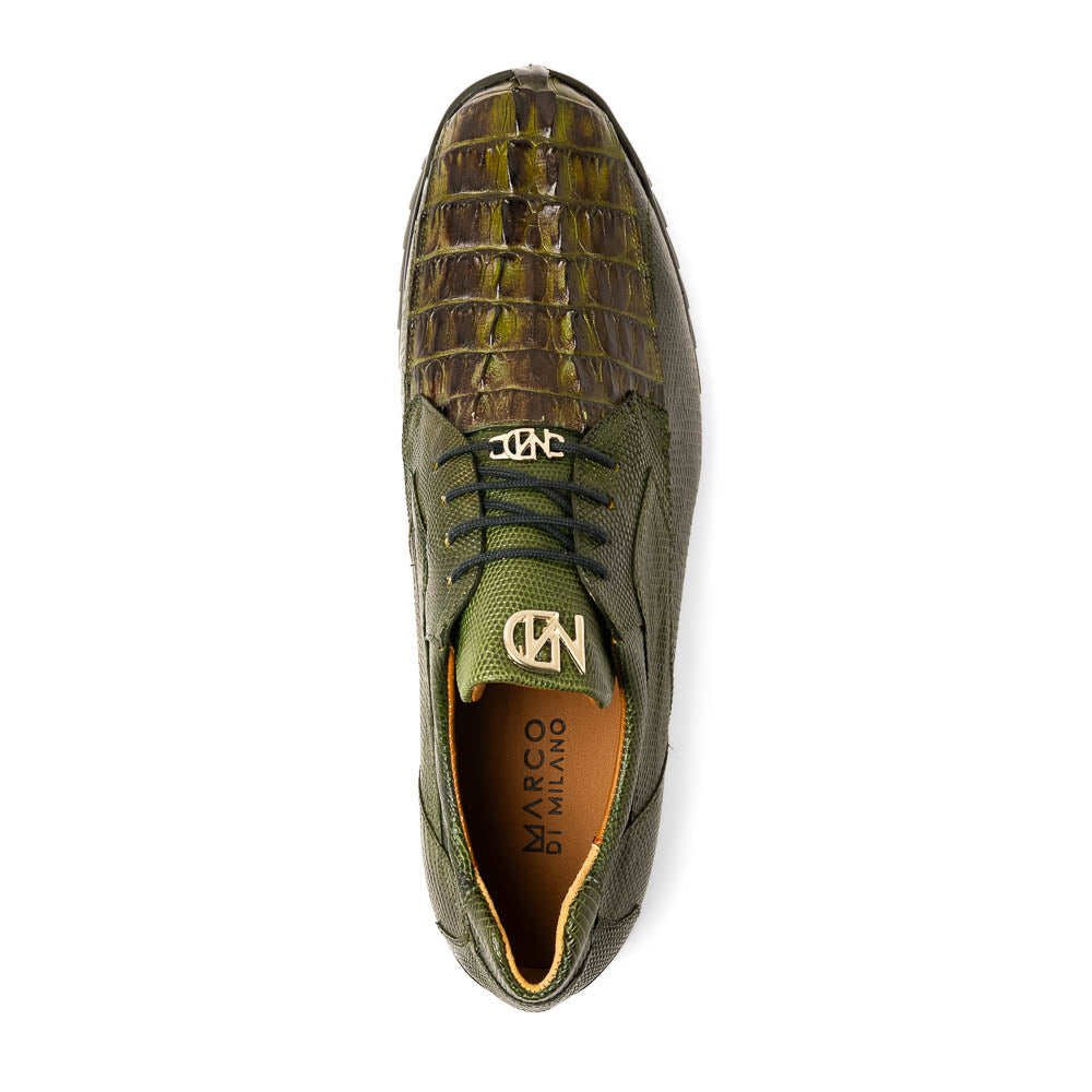 The Marco Di Milano Crater Rustic Olive sneakers boast green textured leather with a crocodile pattern, black soles and laces, hand-painted finishes, and metallic "ND" logos—ideal for true luxury footwear enthusiasts.