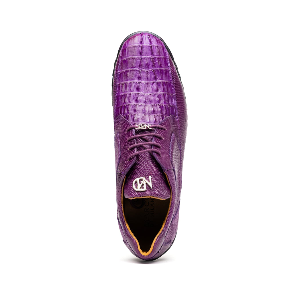 The Marco Di Milano Crater Purple sneakers showcase bold, textured elegance with their purple lizard skin and black rubber soles—luxury men’s footwear where one sneaker stands upright and the other leans.