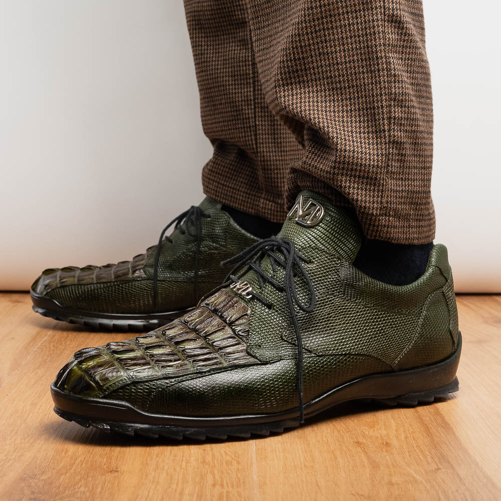 The Marco Di Milano Crater Rustic Olive sneakers boast green textured leather with a crocodile pattern, black soles and laces, hand-painted finishes, and metallic "ND" logos—ideal for true luxury footwear enthusiasts.