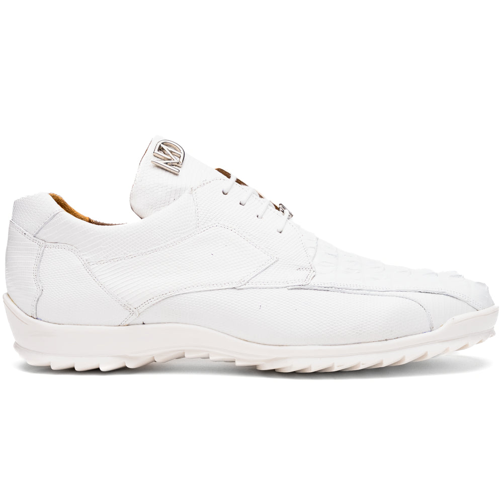 The Crater White sneakers by Marco Di Milano feature white textured leather lizard skin and a lace-up closure; one shoe stands upright while the other is tilted to reveal the sole.