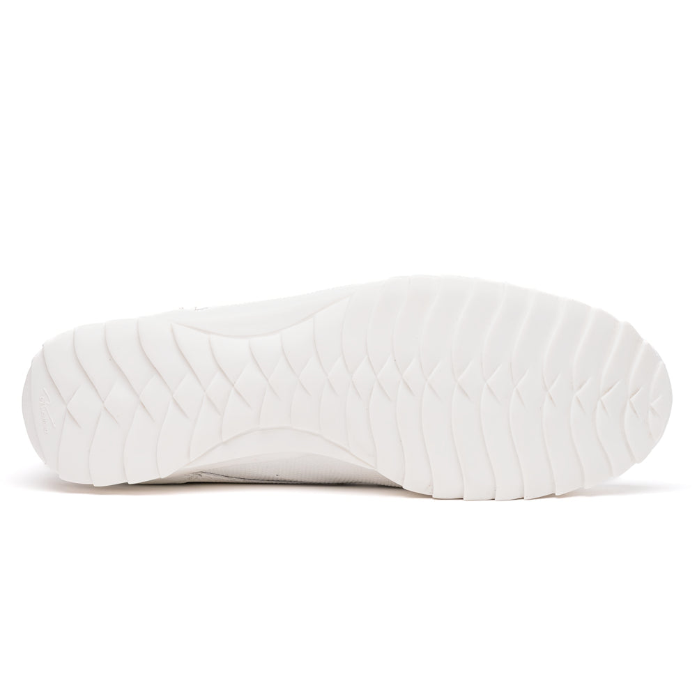 The Crater White sneakers by Marco Di Milano feature white textured leather lizard skin and a lace-up closure; one shoe stands upright while the other is tilted to reveal the sole.