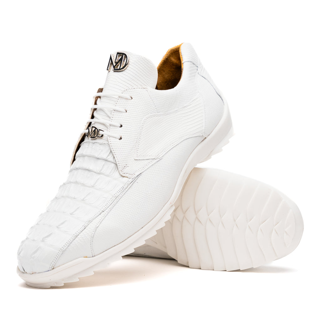 The Crater White sneakers by Marco Di Milano feature white textured leather lizard skin and a lace-up closure; one shoe stands upright while the other is tilted to reveal the sole.