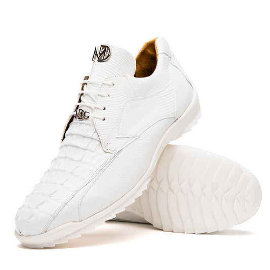 The Crater White sneakers by Marco Di Milano feature white textured leather lizard skin and a lace-up closure; one shoe stands upright while the other is tilted to reveal the sole.