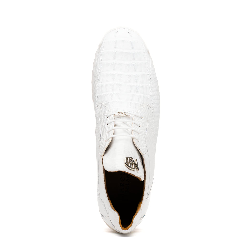 The Crater White sneakers by Marco Di Milano feature white textured leather lizard skin and a lace-up closure; one shoe stands upright while the other is tilted to reveal the sole.