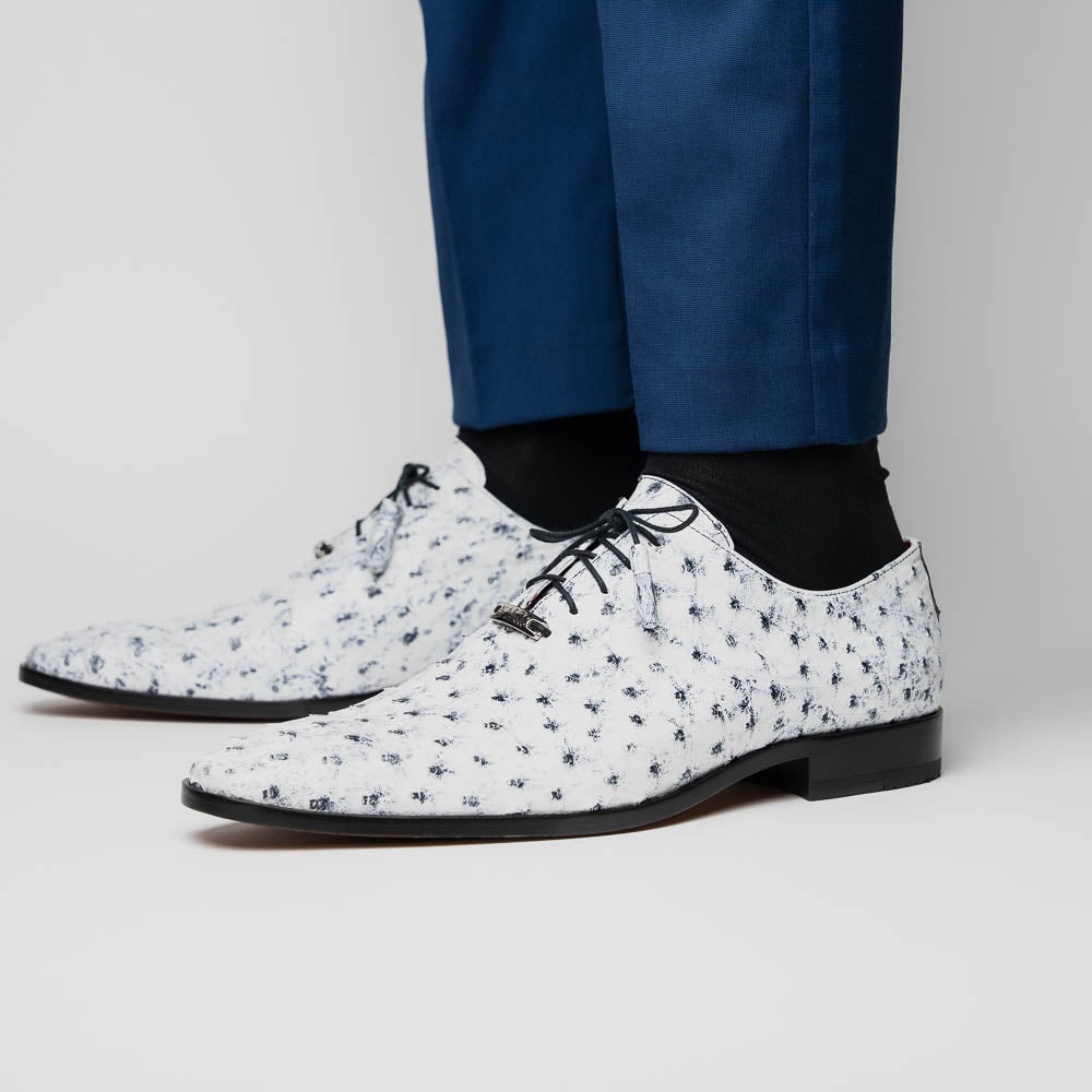 Criss Newspaper by Marco Di Milano: luxury men's dress shoes with a black floral-on-white design, black laces, red lining, brown branded leather soles, and crafted from genuine ostrich quill for exceptional elegance.