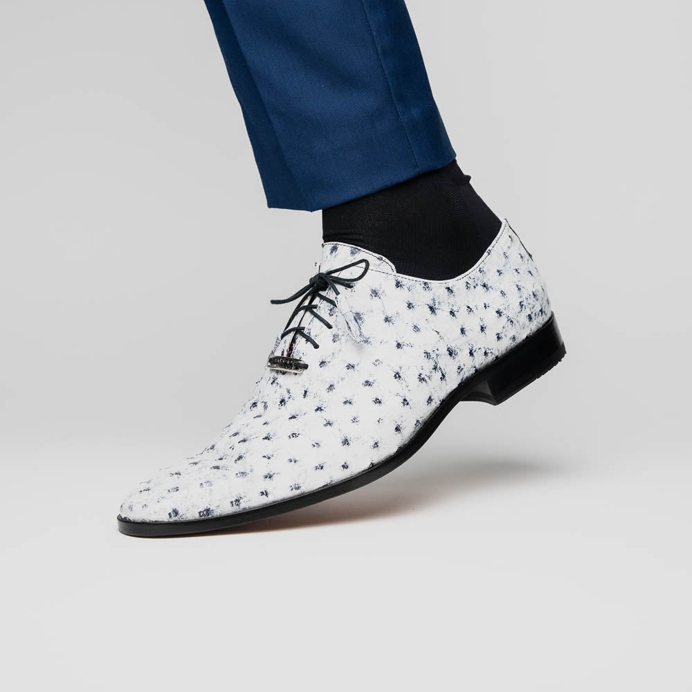 Criss Newspaper by Marco Di Milano: luxury men's dress shoes with a black floral-on-white design, black laces, red lining, brown branded leather soles, and crafted from genuine ostrich quill for exceptional elegance.