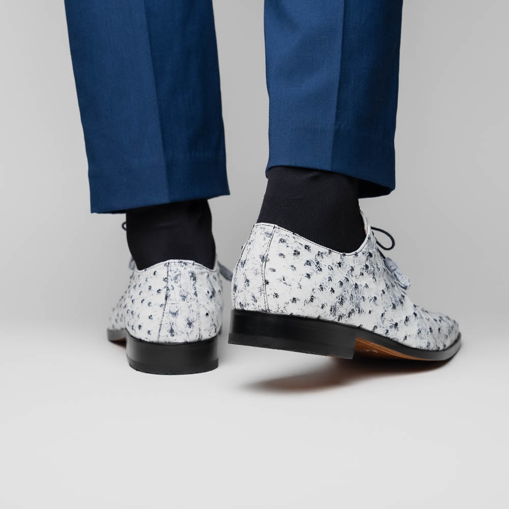 Criss Newspaper by Marco Di Milano: luxury men's dress shoes with a black floral-on-white design, black laces, red lining, brown branded leather soles, and crafted from genuine ostrich quill for exceptional elegance.