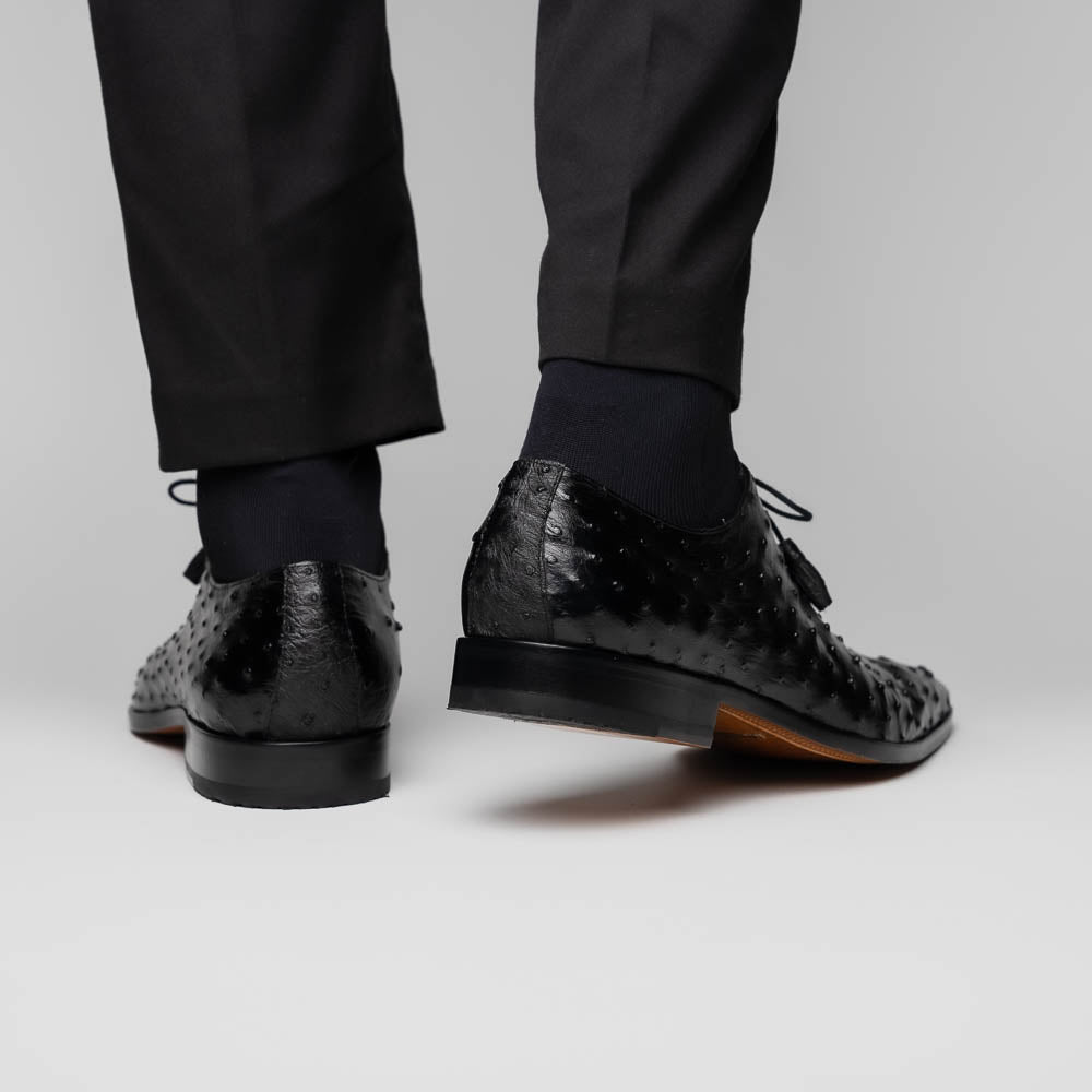 The Marco Di Milano Criss Black is a pair of genuine ostrich quill Oxford shoes with red interior lining and tan leather soles—ideal for luxury footwear enthusiasts seeking refined style.