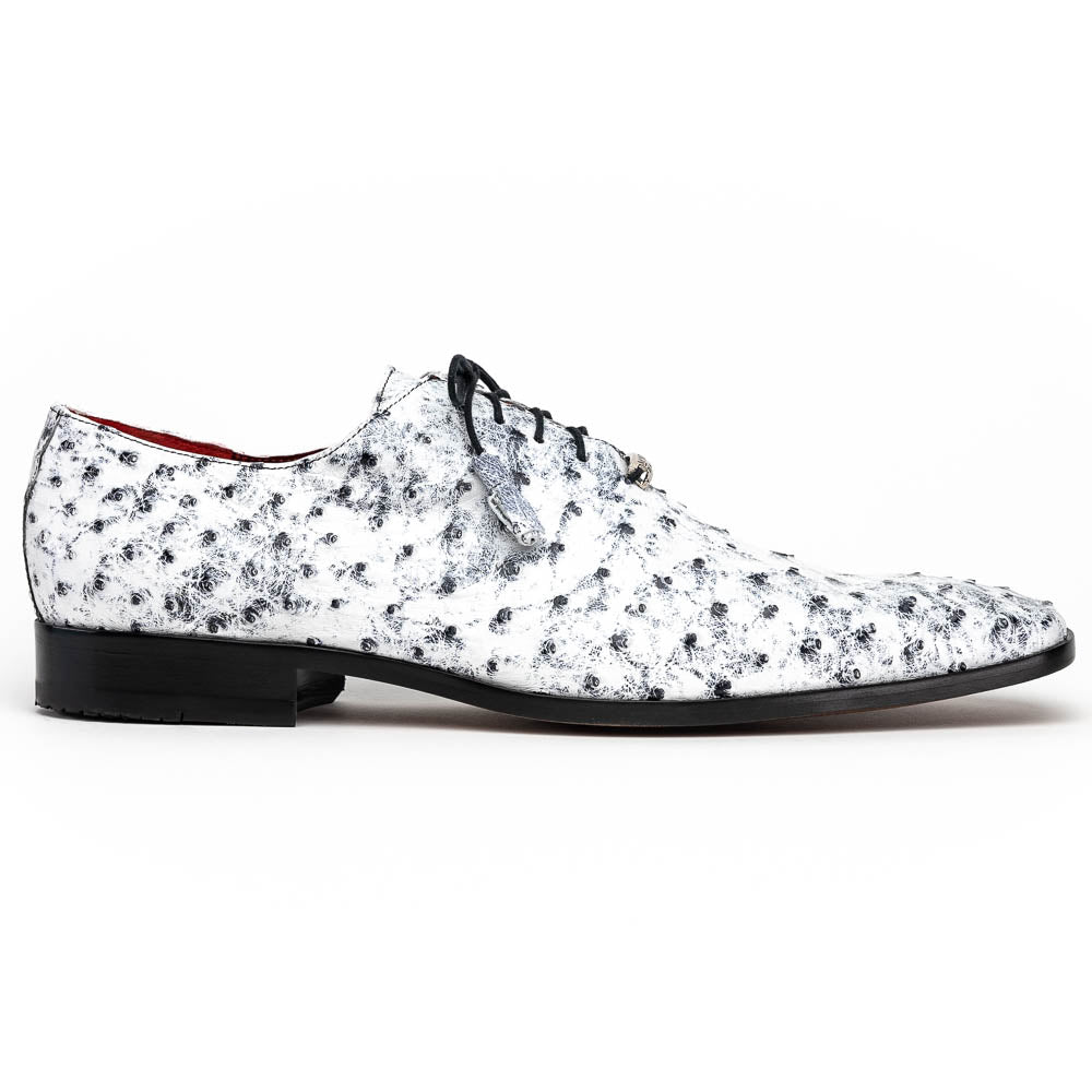 Criss Newspaper by Marco Di Milano: luxury men's dress shoes with a black floral-on-white design, black laces, red lining, brown branded leather soles, and crafted from genuine ostrich quill for exceptional elegance.