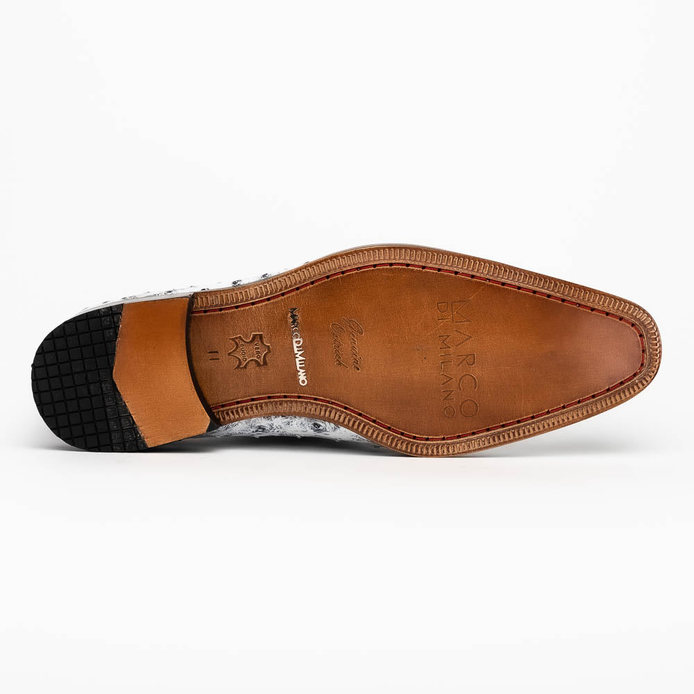 Criss Newspaper by Marco Di Milano: luxury men's dress shoes with a black floral-on-white design, black laces, red lining, brown branded leather soles, and crafted from genuine ostrich quill for exceptional elegance.