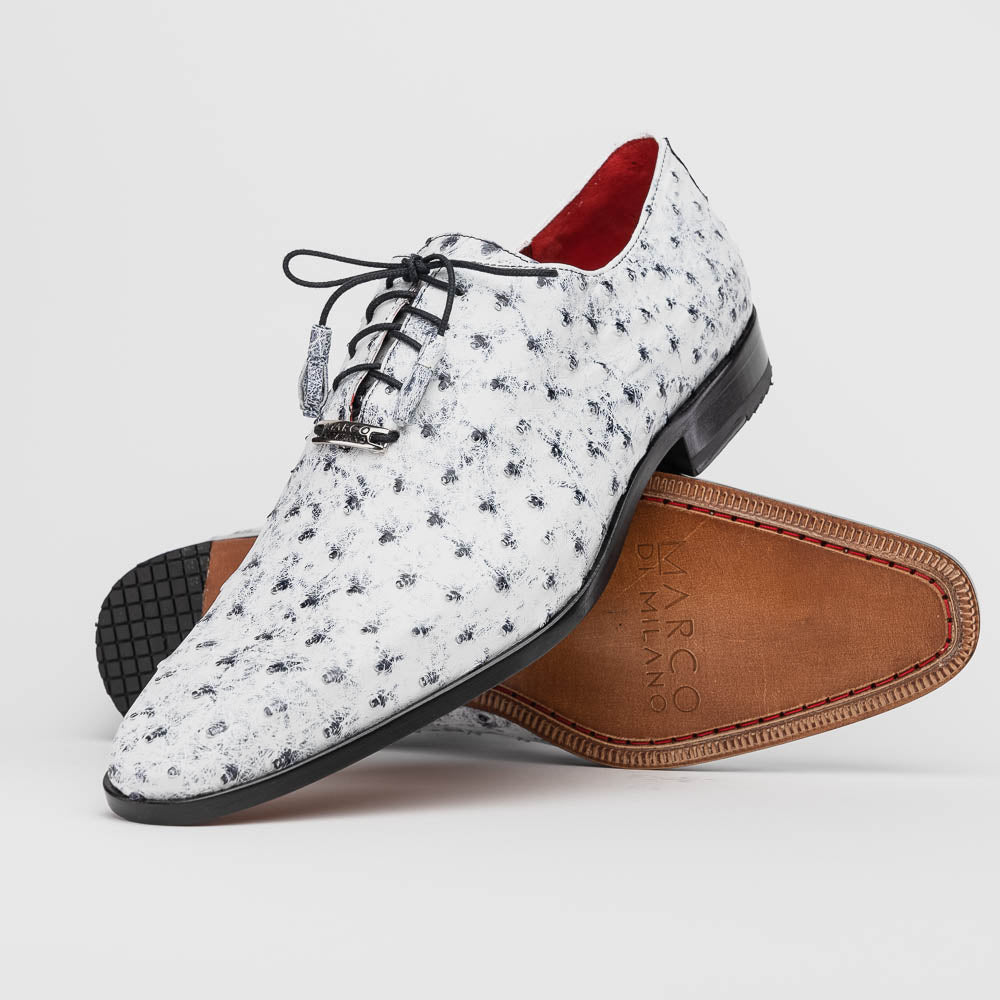 Criss Newspaper by Marco Di Milano: luxury men's dress shoes with a black floral-on-white design, black laces, red lining, brown branded leather soles, and crafted from genuine ostrich quill for exceptional elegance.