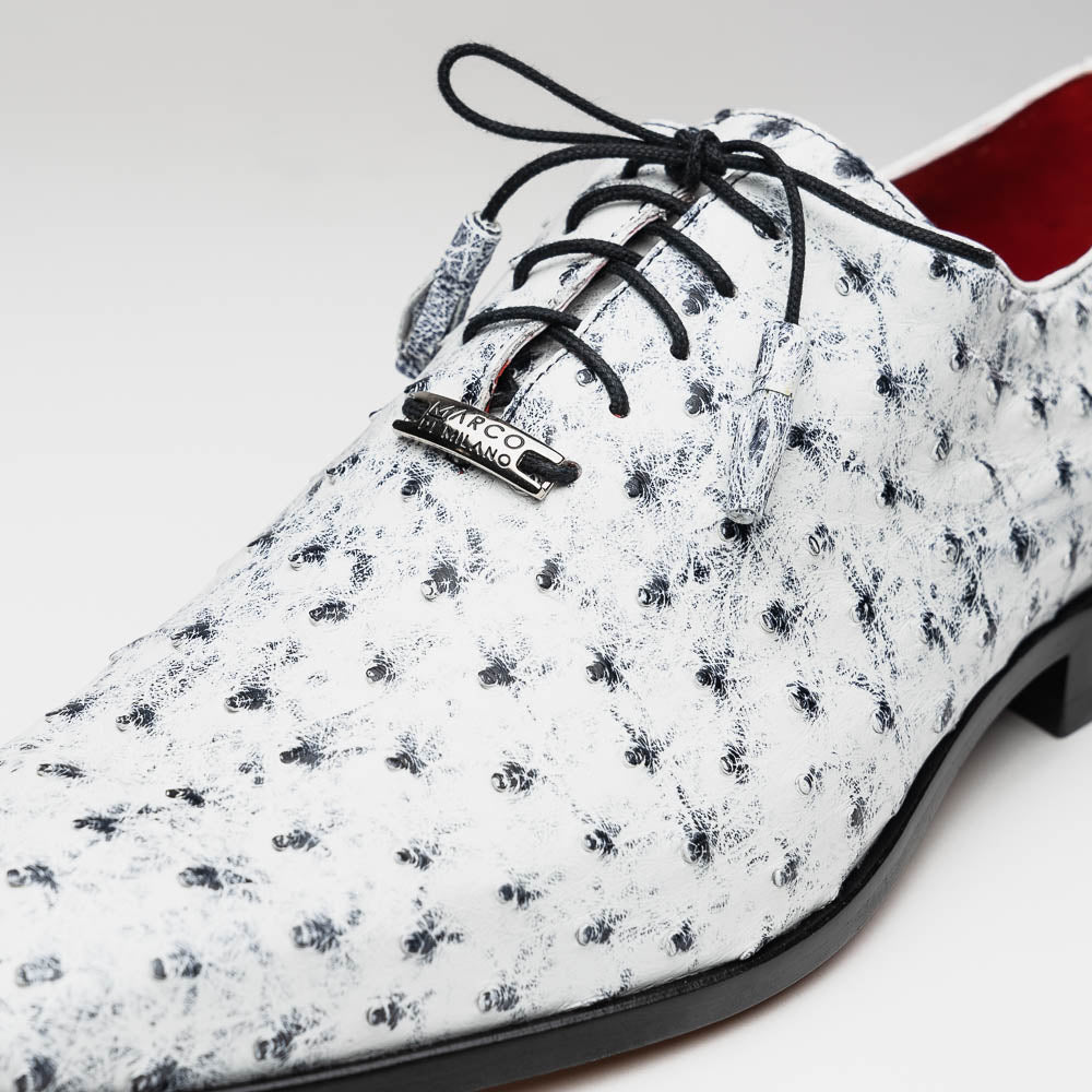 Criss Newspaper by Marco Di Milano: luxury men's dress shoes with a black floral-on-white design, black laces, red lining, brown branded leather soles, and crafted from genuine ostrich quill for exceptional elegance.