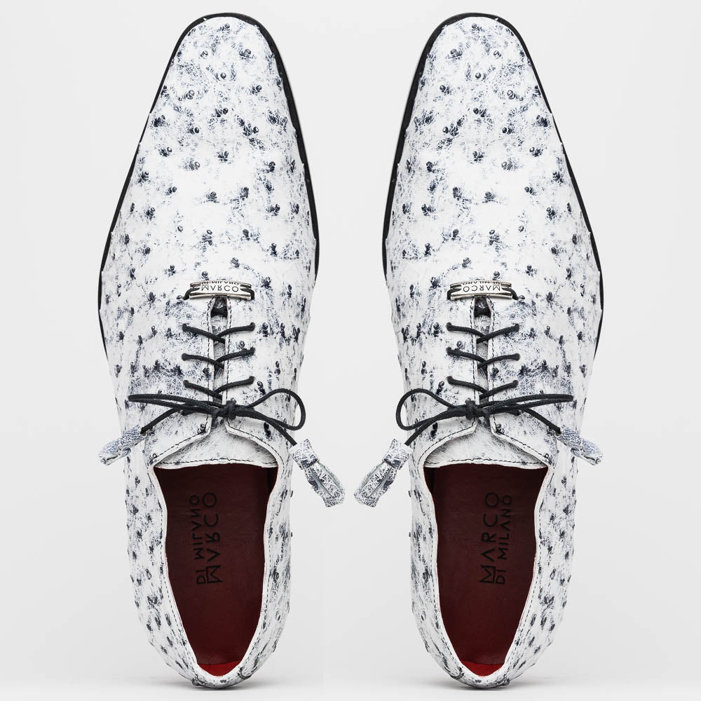 Criss Newspaper by Marco Di Milano: luxury men's dress shoes with a black floral-on-white design, black laces, red lining, brown branded leather soles, and crafted from genuine ostrich quill for exceptional elegance.