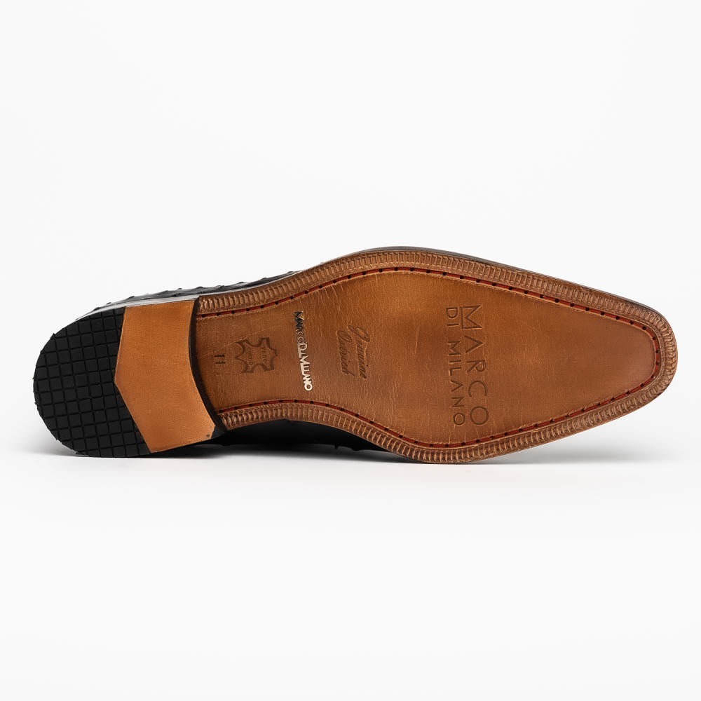 The Marco Di Milano Criss Black is a pair of genuine ostrich quill Oxford shoes with red interior lining and tan leather soles—ideal for luxury footwear enthusiasts seeking refined style.