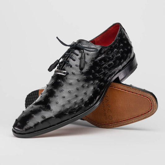 The Marco Di Milano Criss Black is a pair of genuine ostrich quill Oxford shoes with red interior lining and tan leather soles—ideal for luxury footwear enthusiasts seeking refined style.