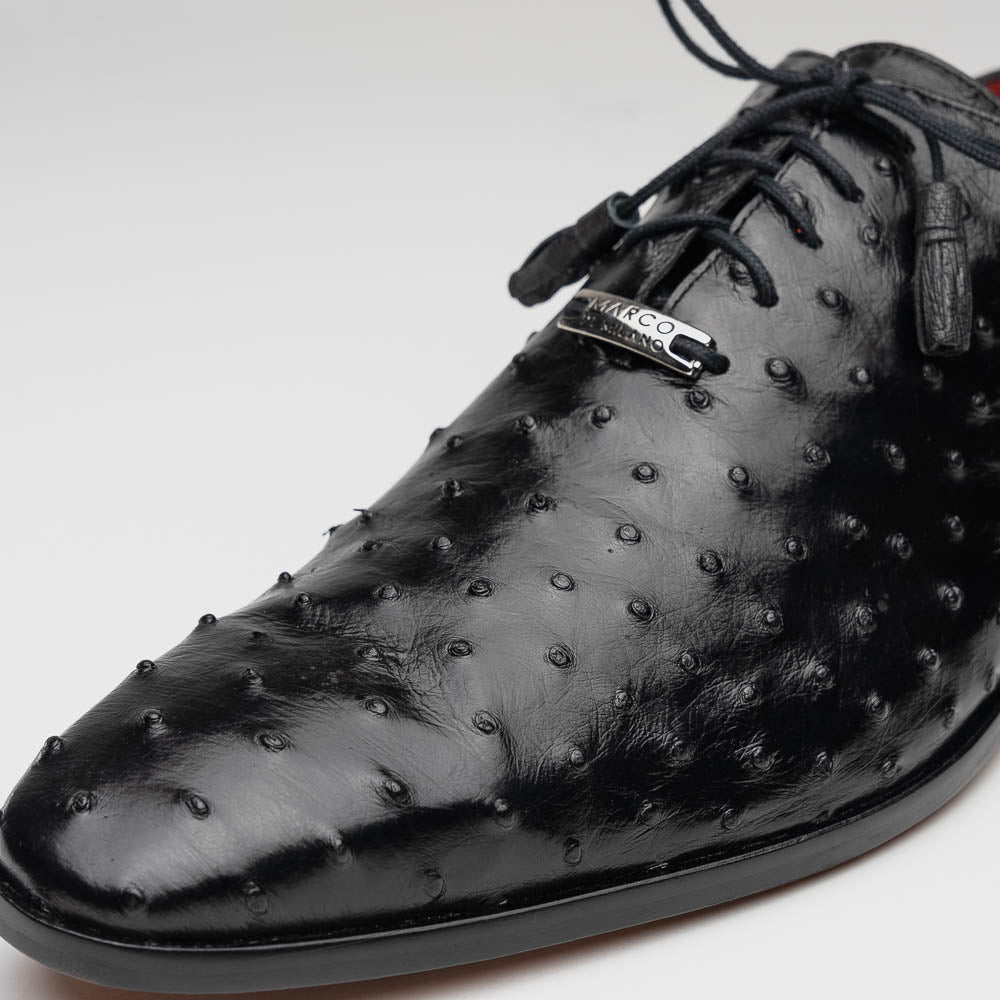 The Marco Di Milano Criss Black is a pair of genuine ostrich quill Oxford shoes with red interior lining and tan leather soles—ideal for luxury footwear enthusiasts seeking refined style.